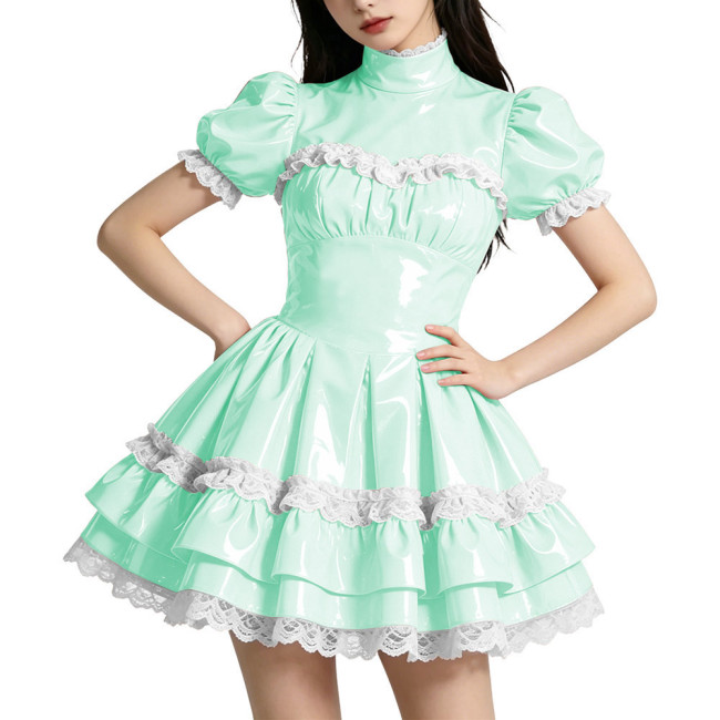 Shiny PVC Mini Prom Dress Puff Sleeves A-Line Short Vintage Evening Gowns Sweet Lockable Cosplay Party Costume Wetlook Clubwear