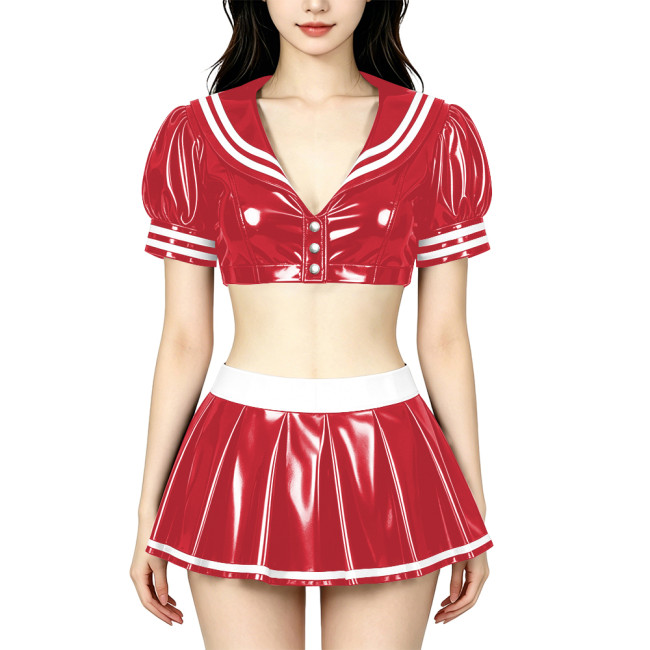 Anime PVC Shiny Leather Sailor Suit Party Cosplay Sailor Collar Student Uniform Wetlook Maid Sailor Sweet Role Playing Outfits