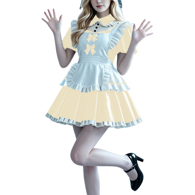 Lolita Anime PVC Sissy Maid Outfit Puff Short Sleeve Pleated French Maid Dress with Apron Halloween Party Club Cosplay Costume