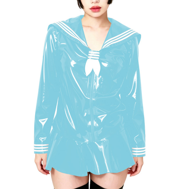 Fetish Shiny PVC Leather Sailor Suit Long-Sleeved Glossy Top and Pleated Miniskirt Cosplay Preppy Uniform Student Dress Sets 7XL