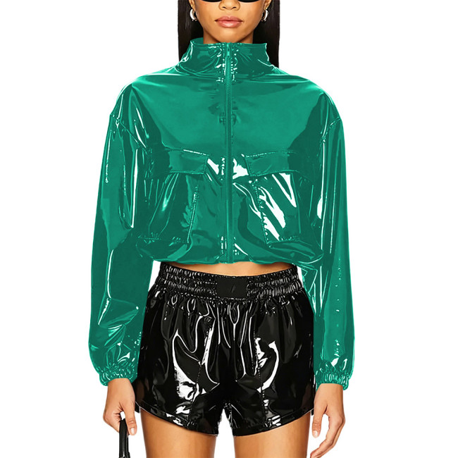 Party Punk PVC Patent Leather Jacket Long Sleeve Zipper Front Crop Jacket Wetlook Loose Short Coat Casual Fashion Top Overcoat