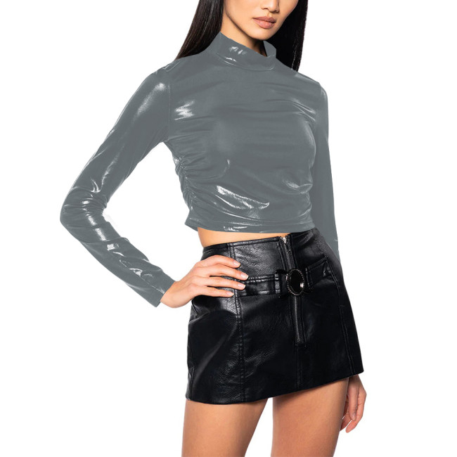 Womens Liquid Metallic Long Sleeve T-Shirt Fashion Shiny Slim Fit Mock Neck Crop Tops with Side Ruched Party Club Music Outfits