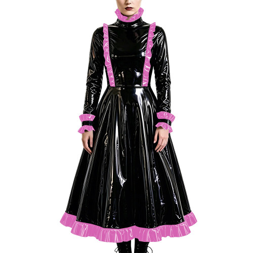 Gothic Elegant Long Pleated Dress Fetish PVC Vinyl Leather High Neck A-line Dress Party Cosplay Long Sleeve Ruffles Maxi Dresses