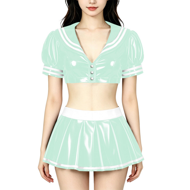 Anime PVC Shiny Leather Sailor Suit Party Cosplay Sailor Collar Student Uniform Wetlook Maid Sailor Sweet Role Playing Outfits