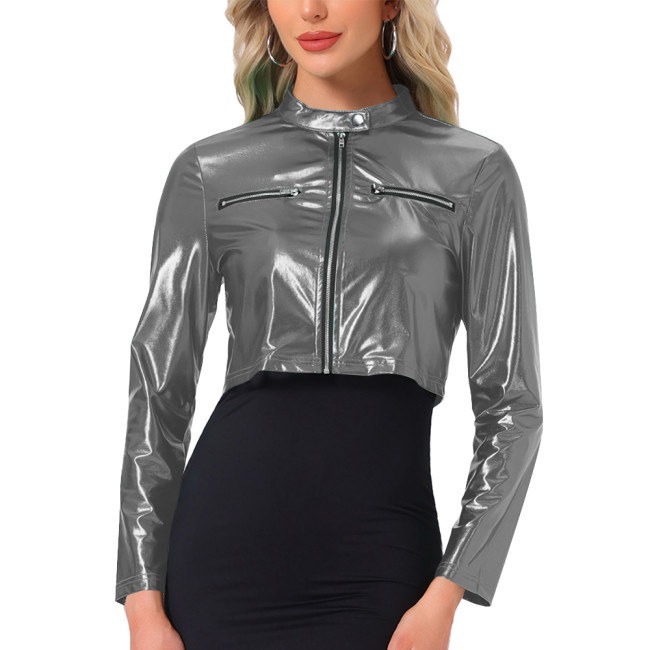 Plus Size Sexy Metallic Shiny Crop Jacket Wetlook Outerwears Long Sleeve Solid Color Short Coats Woman Night Club Party Outfits