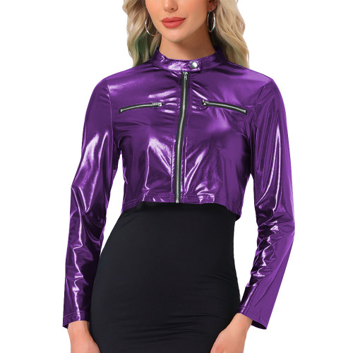 Plus Size Sexy Metallic Shiny Crop Jacket Wetlook Outerwears Long Sleeve Solid Color Short Coats Woman Night Club Party Outfits