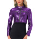 Plus Size Sexy Metallic Shiny Crop Jacket Wetlook Outerwears Long Sleeve Solid Color Short Coats Woman Night Club Party Outfits