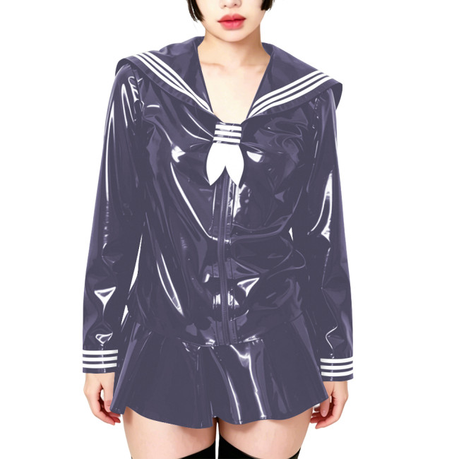 Fetish Shiny PVC Leather Sailor Suit Long-Sleeved Glossy Top and Pleated Miniskirt Cosplay Preppy Uniform Student Dress Sets 7XL