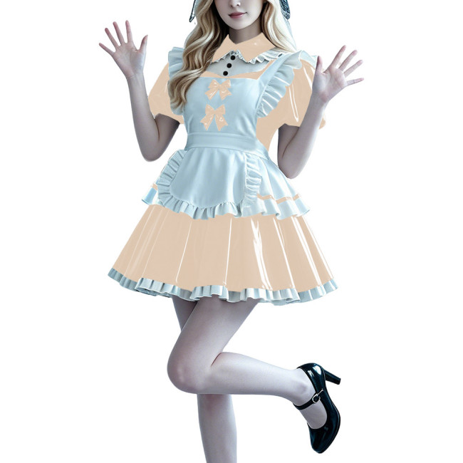 Lolita Anime PVC Sissy Maid Outfit Puff Short Sleeve Pleated French Maid Dress with Apron Halloween Party Club Cosplay Costume
