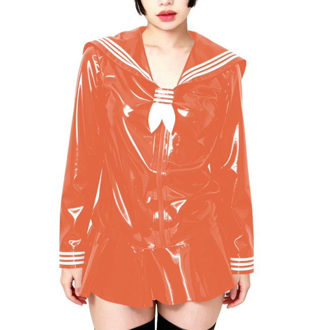 Fetish Shiny PVC Leather Sailor Suit Long-Sleeved Glossy Top and Pleated Miniskirt Cosplay Preppy Uniform Student Dress Sets 7XL