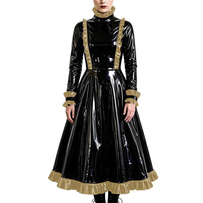 Gothic Elegant Long Pleated Dress Fetish PVC Vinyl Leather High Neck A-line Dress Party Cosplay Long Sleeve Ruffles Maxi Dresses