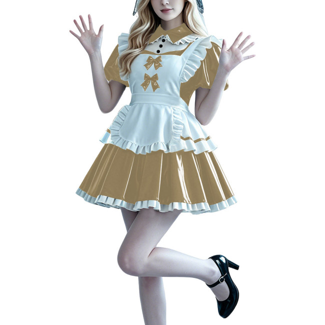 Lolita Anime PVC Sissy Maid Outfit Puff Short Sleeve Pleated French Maid Dress with Apron Halloween Party Club Cosplay Costume