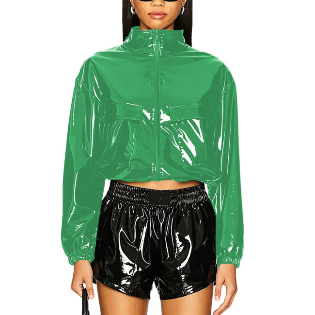 Party Punk PVC Patent Leather Jacket Long Sleeve Zipper Front Crop Jacket Wetlook Loose Short Coat Casual Fashion Top Overcoat