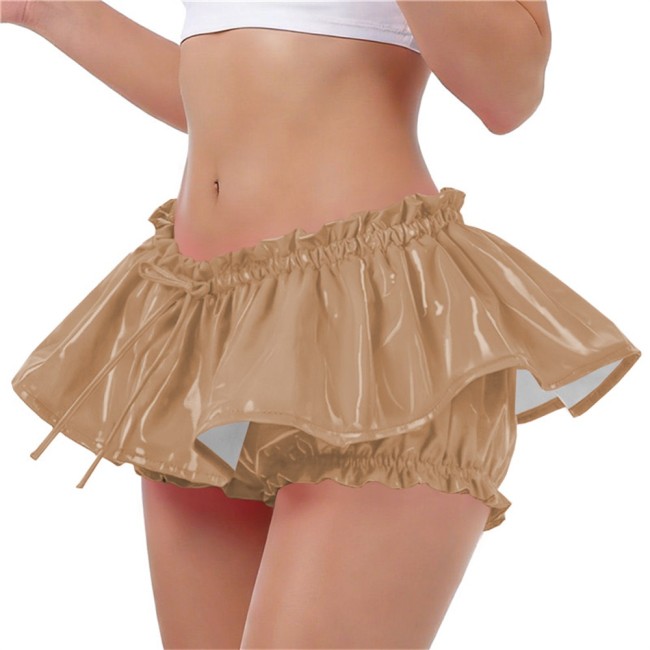 PVC Vinyl Leather Ruffles Shorts Sexy Low-rise Lolita Bloomers Sissy Glossy Solid Color Hot Pants with Skirt Cosplay Costume 7XL