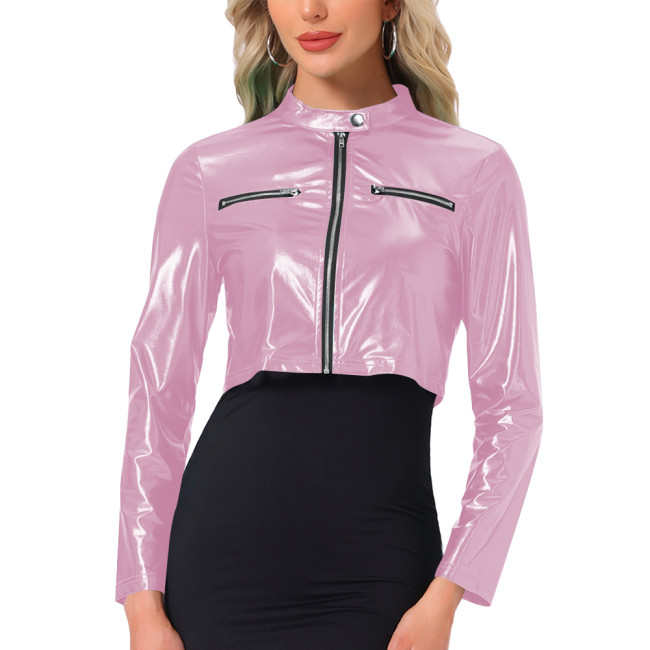 Plus Size Sexy Metallic Shiny Crop Jacket Wetlook Outerwears Long Sleeve Solid Color Short Coats Woman Night Club Party Outfits
