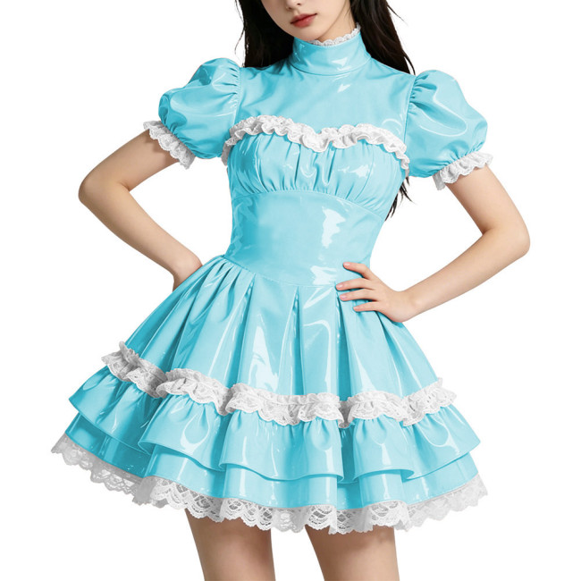 Shiny PVC Mini Prom Dress Puff Sleeves A-Line Short Vintage Evening Gowns Sweet Lockable Cosplay Party Costume Wetlook Clubwear