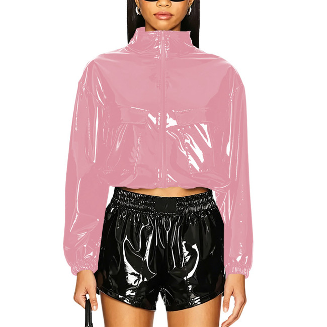 Party Punk PVC Patent Leather Jacket Long Sleeve Zipper Front Crop Jacket Wetlook Loose Short Coat Casual Fashion Top Overcoat