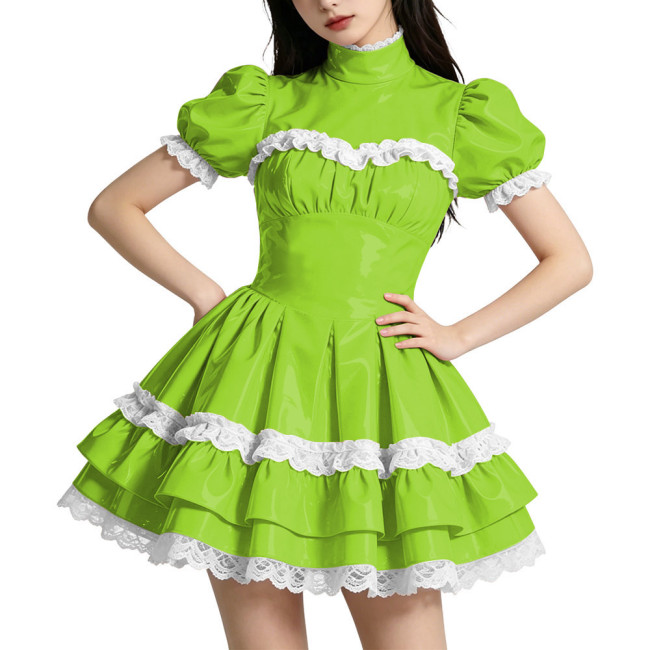 Shiny PVC Mini Prom Dress Puff Sleeves A-Line Short Vintage Evening Gowns Sweet Lockable Cosplay Party Costume Wetlook Clubwear