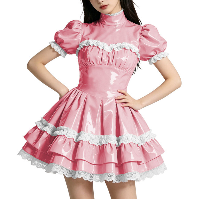 Shiny PVC Mini Prom Dress Puff Sleeves A-Line Short Vintage Evening Gowns Sweet Lockable Cosplay Party Costume Wetlook Clubwear
