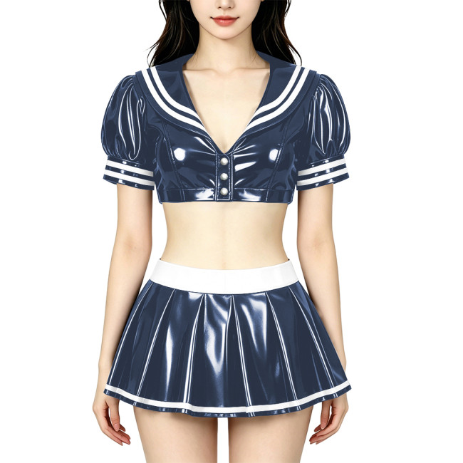 Anime PVC Shiny Leather Sailor Suit Party Cosplay Sailor Collar Student Uniform Wetlook Maid Sailor Sweet Role Playing Outfits