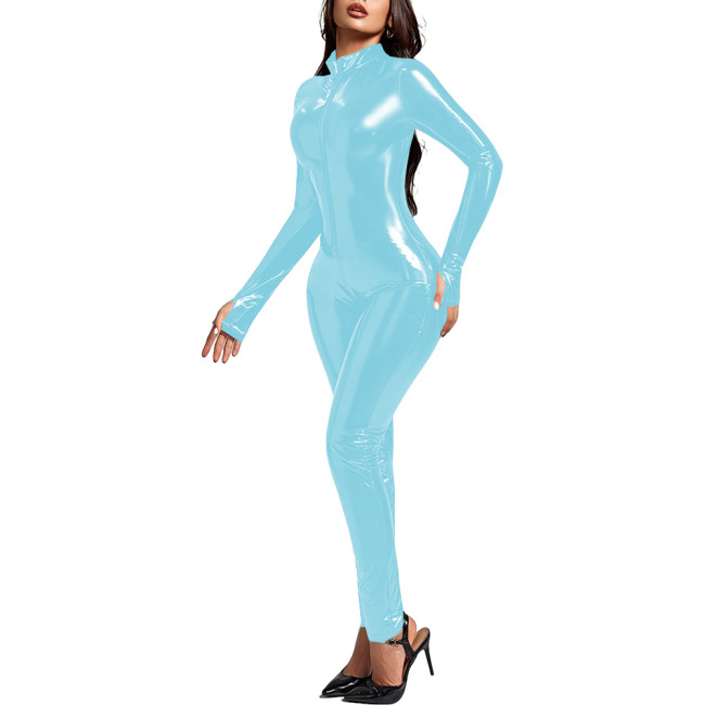 Adult Party Wet Look PVC Catsuit Long Sleeve Shiny PVC Leather Zipepr Mock Neck Bodysuit Tigths Leotard Unisex Cosplay Jumpsuit