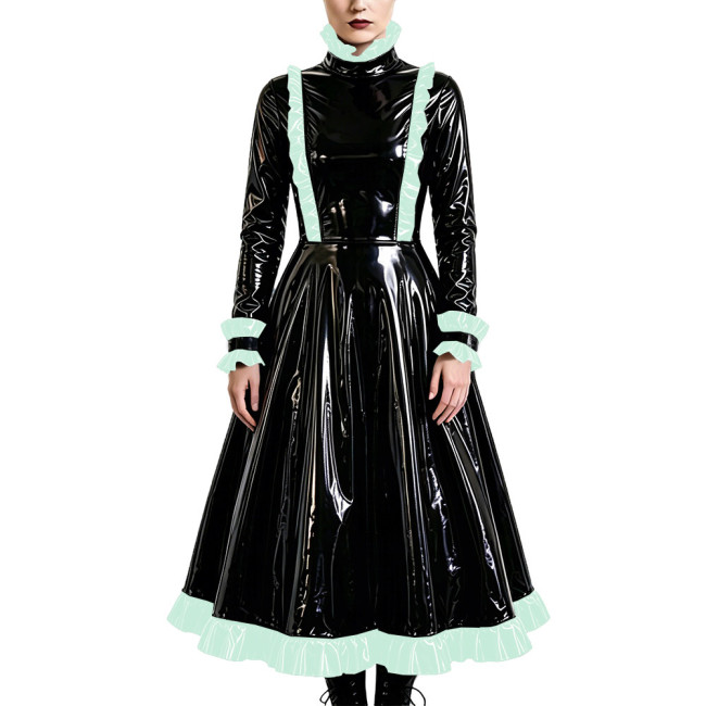 Gothic Elegant Long Pleated Dress Fetish PVC Vinyl Leather High Neck A-line Dress Party Cosplay Long Sleeve Ruffles Maxi Dresses