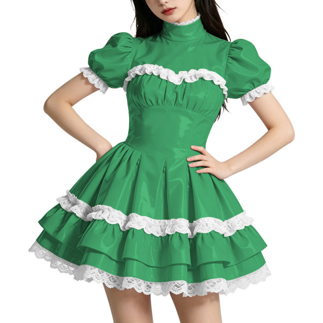 Shiny PVC Mini Prom Dress Puff Sleeves A-Line Short Vintage Evening Gowns Sweet Lockable Cosplay Party Costume Wetlook Clubwear