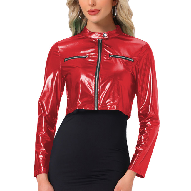 Plus Size Sexy Metallic Shiny Crop Jacket Wetlook Outerwears Long Sleeve Solid Color Short Coats Woman Night Club Party Outfits