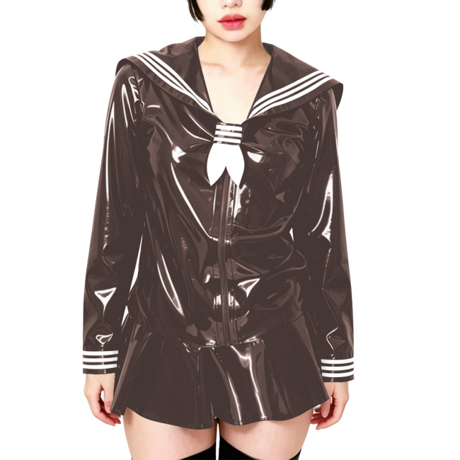 Fetish Shiny PVC Leather Sailor Suit Long-Sleeved Glossy Top and Pleated Miniskirt Cosplay Preppy Uniform Student Dress Sets 7XL