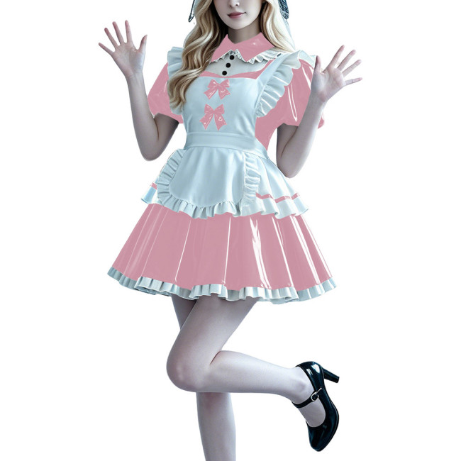 Lolita Anime PVC Sissy Maid Outfit Puff Short Sleeve Pleated French Maid Dress with Apron Halloween Party Club Cosplay Costume