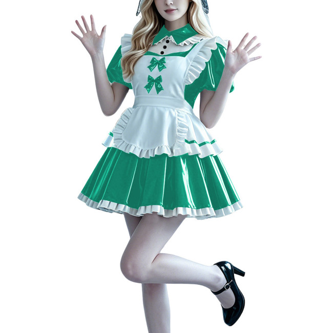 Lolita Anime PVC Sissy Maid Outfit Puff Short Sleeve Pleated French Maid Dress with Apron Halloween Party Club Cosplay Costume