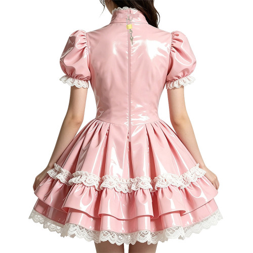 Shiny PVC Mini Prom Dress Puff Sleeves A-Line Short Vintage Evening Gowns Sweet Lockable Cosplay Party Costume Wetlook Clubwear