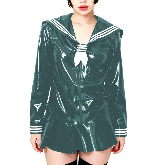 Fetish Shiny PVC Leather Sailor Suit Long-Sleeved Glossy Top and Pleated Miniskirt Cosplay Preppy Uniform Student Dress Sets 7XL