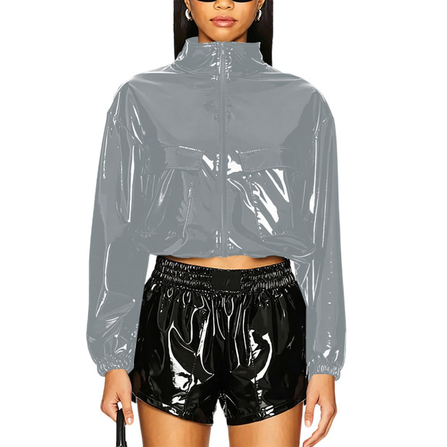 Party Punk PVC Patent Leather Jacket Long Sleeve Zipper Front Crop Jacket Wetlook Loose Short Coat Casual Fashion Top Overcoat