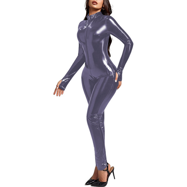 Adult Party Wet Look PVC Catsuit Long Sleeve Shiny PVC Leather Zipepr Mock Neck Bodysuit Tigths Leotard Unisex Cosplay Jumpsuit
