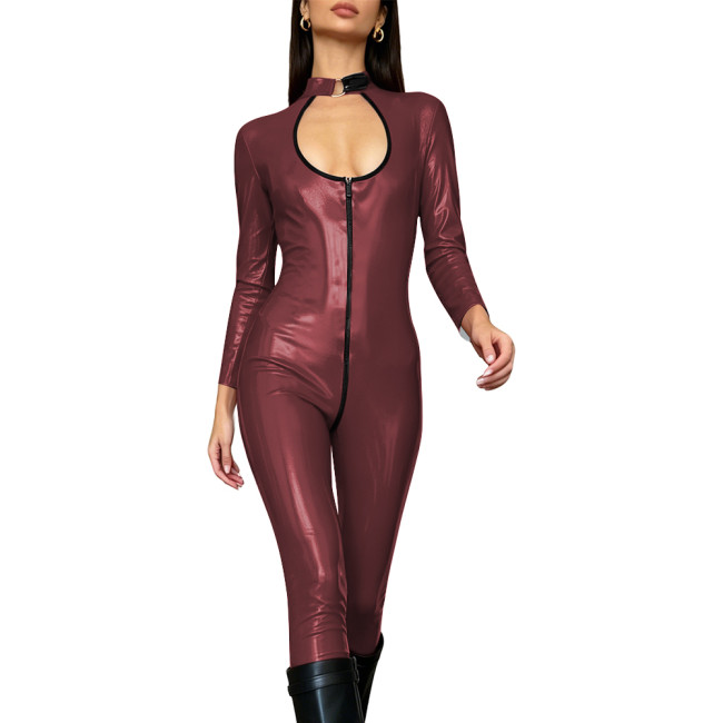 Women's Vinyl Faux Leather Hollow Bodysuit PVC Shiny Zipper Open Crotch Long Sleeve Jumpsuit Club Wear Party Overalls Cosplay