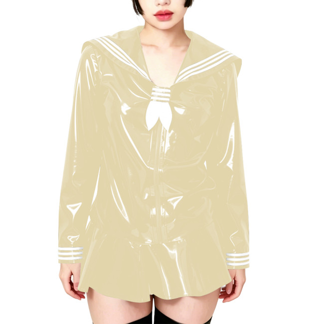 Fetish Shiny PVC Leather Sailor Suit Long-Sleeved Glossy Top and Pleated Miniskirt Cosplay Preppy Uniform Student Dress Sets 7XL