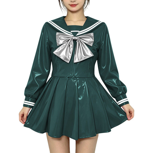 Anime Sailor Cosplay JK Uniform PVC Glossy Leather Sweet Sailor Suit Long Sleeve Bow Short Top with Pleated Mini Skirt Plus Size