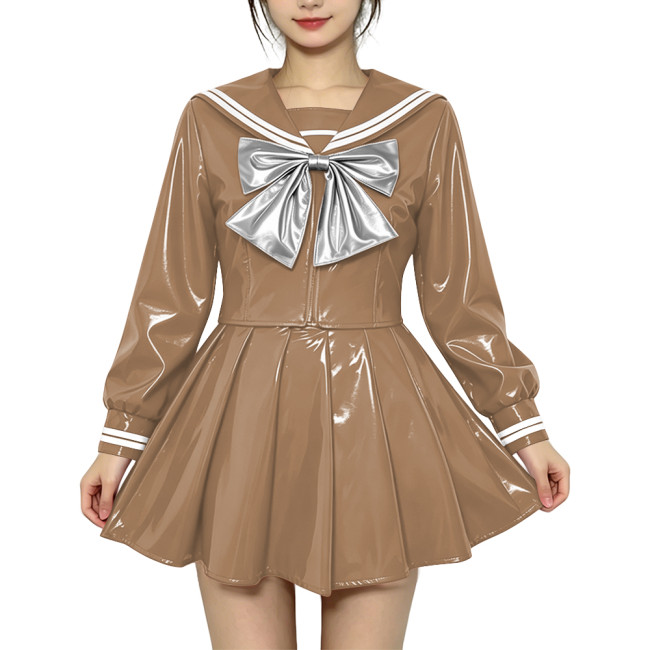 Anime Sailor Cosplay JK Uniform PVC Glossy Leather Sweet Sailor Suit Long Sleeve Bow Short Top with Pleated Mini Skirt Plus Size