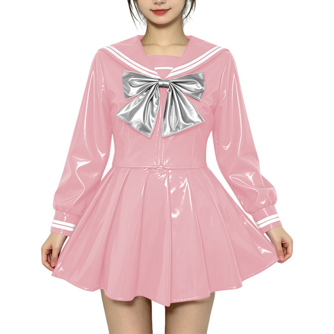 Anime Sailor Cosplay JK Uniform PVC Glossy Leather Sweet Sailor Suit Long Sleeve Bow Short Top with Pleated Mini Skirt Plus Size