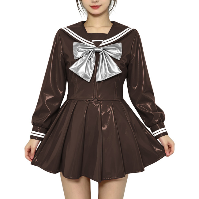 Anime Sailor Cosplay JK Uniform PVC Glossy Leather Sweet Sailor Suit Long Sleeve Bow Short Top with Pleated Mini Skirt Plus Size