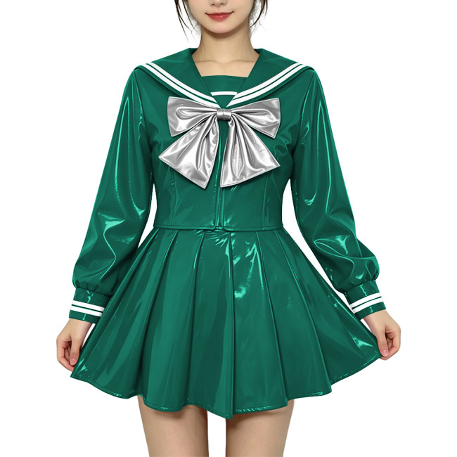 Anime Sailor Cosplay JK Uniform PVC Glossy Leather Sweet Sailor Suit Long Sleeve Bow Short Top with Pleated Mini Skirt Plus Size