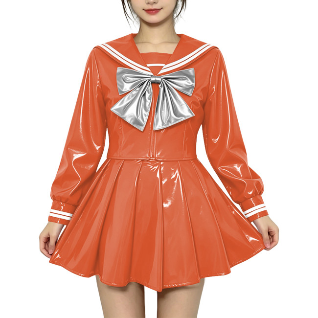 Anime Sailor Cosplay JK Uniform PVC Glossy Leather Sweet Sailor Suit Long Sleeve Bow Short Top with Pleated Mini Skirt Plus Size