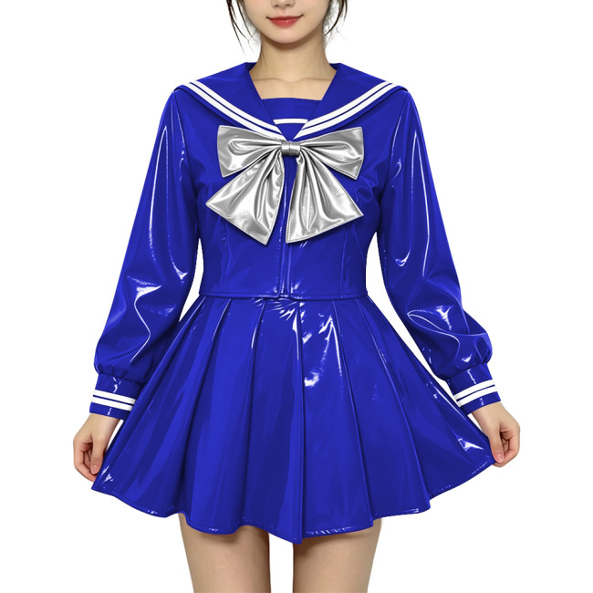 Anime Sailor Cosplay JK Uniform PVC Glossy Leather Sweet Sailor Suit Long Sleeve Bow Short Top with Pleated Mini Skirt Plus Size