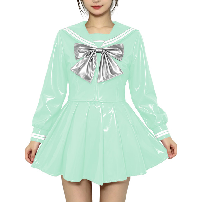 Anime Sailor Cosplay JK Uniform PVC Glossy Leather Sweet Sailor Suit Long Sleeve Bow Short Top with Pleated Mini Skirt Plus Size