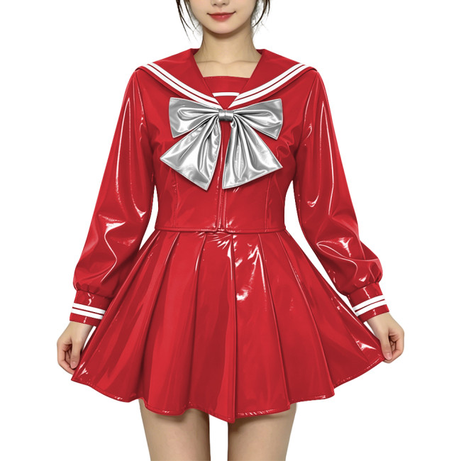Anime Sailor Cosplay JK Uniform PVC Glossy Leather Sweet Sailor Suit Long Sleeve Bow Short Top with Pleated Mini Skirt Plus Size