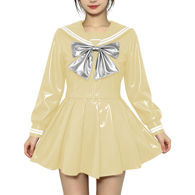Anime Sailor Cosplay JK Uniform PVC Glossy Leather Sweet Sailor Suit Long Sleeve Bow Short Top with Pleated Mini Skirt Plus Size