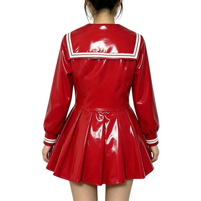 Anime Sailor Cosplay JK Uniform PVC Glossy Leather Sweet Sailor Suit Long Sleeve Bow Short Top with Pleated Mini Skirt Plus Size
