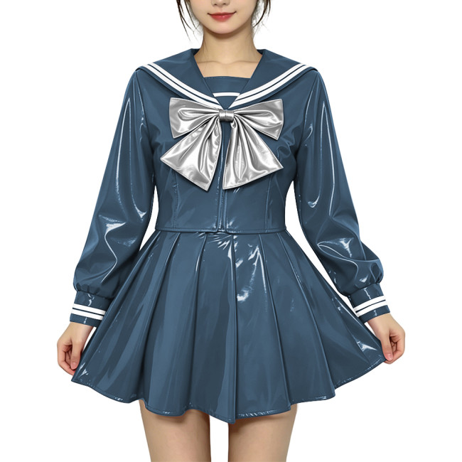 Anime Sailor Cosplay JK Uniform PVC Glossy Leather Sweet Sailor Suit Long Sleeve Bow Short Top with Pleated Mini Skirt Plus Size