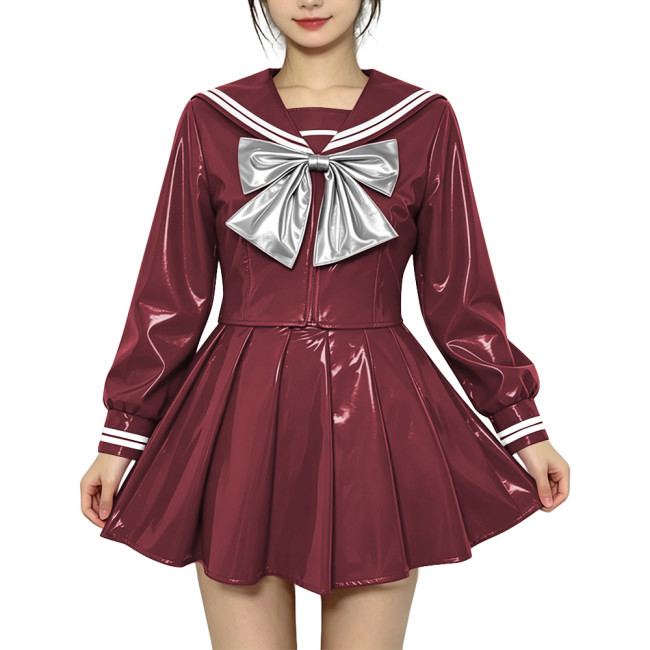 Anime Sailor Cosplay JK Uniform PVC Glossy Leather Sweet Sailor Suit Long Sleeve Bow Short Top with Pleated Mini Skirt Plus Size